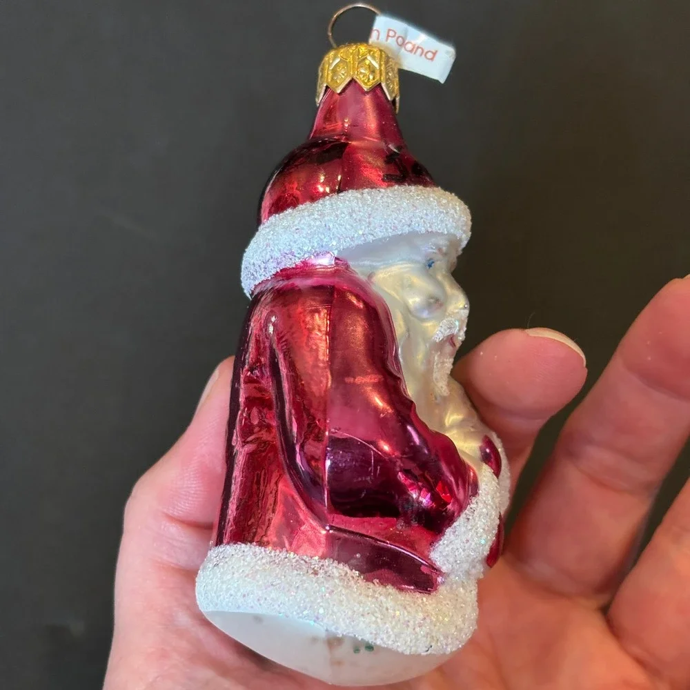 Polish Glass Santa Claus Christmas Ornament Magenta Pink Glitter 2000 Excellent